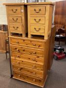 Pine six height bedroom chest and pair of oak three drawer bedside chests.