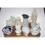 Parian Ware figure and pair of figure vases, Victorian relief moulded jug, two 19th Century teapots,