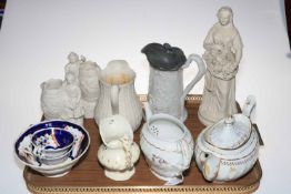 Parian Ware figure and pair of figure vases, Victorian relief moulded jug, two 19th Century teapots,