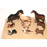 Beswick horses and foals, Beswick deer and fawn and three dogs.