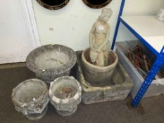 Garden figure, stoneware trough, urn and pair of planters.