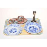 Two Meissen Pottery blue and white plates, Japanese cup and saucer, and silver candlestick.