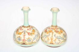 Pair Doulton Faience vases with painted bodies, 16cm.