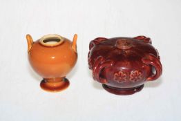 Linthorpe Pottery four handled lamp base no. 1456 and small two handled vase.