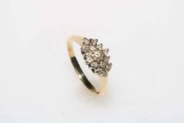 Diamond fifteen stone 9 carat gold ring, size K/L.