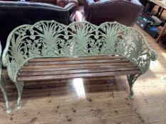 Coalbrookedale style green painted three seater garden bench, 150cm wide.