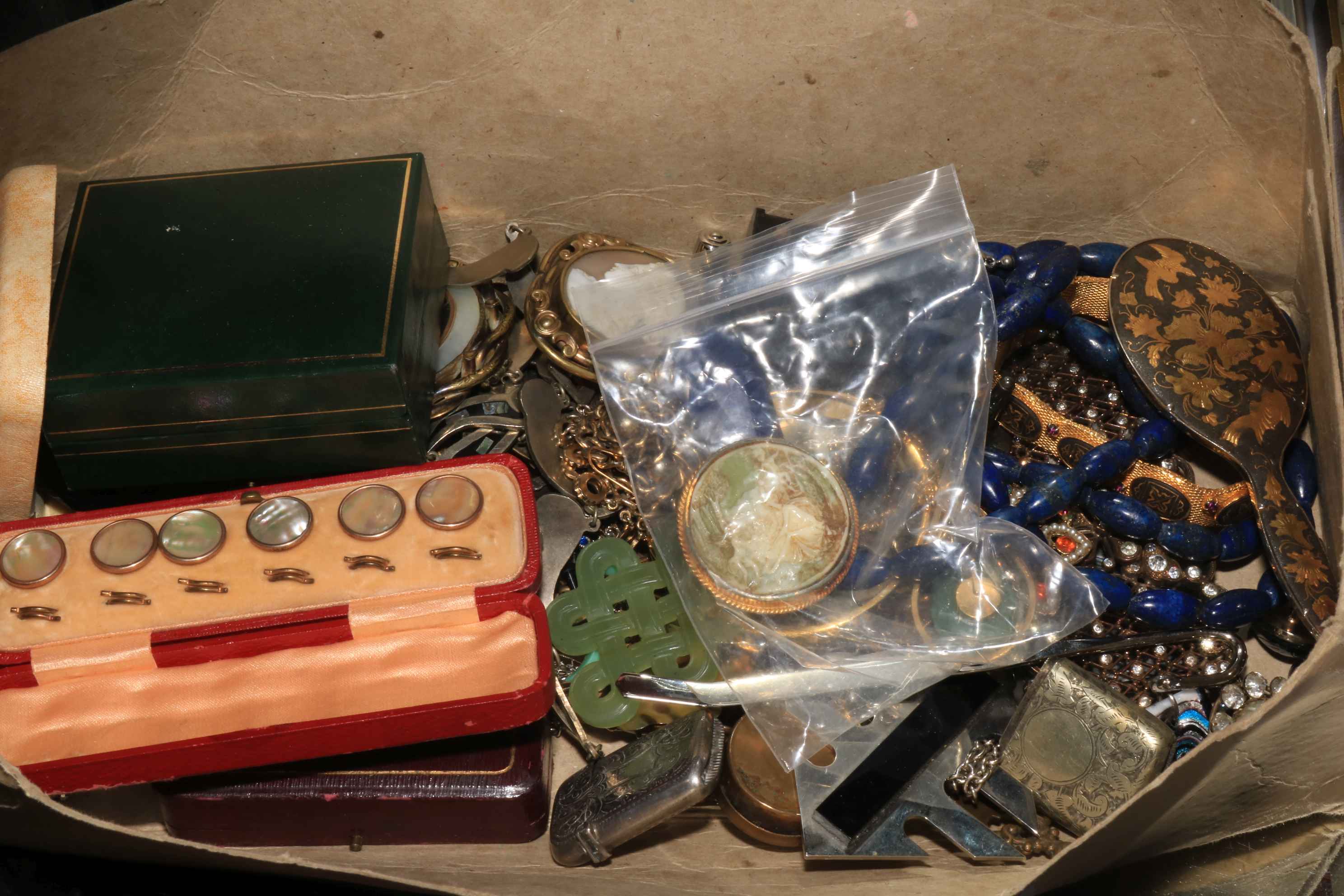 Box with jewellery, silver vesta, etc.