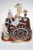 Three Royal Crown Derby plates and two Penguin paperweights, Lladro Ballerina,