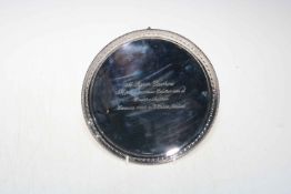 Silver salver on ball and claw feet, inscribed, 20cm diameter, 1979.