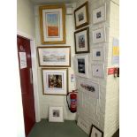 Collection of fourteen framed pictures including Alex Clark signed prints.