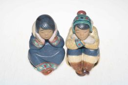 Two Lladro Eskimo children figures, Pensive Boy and Girl, 17cm.