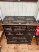 Chinoiserie decorated chest of three small drawers above three long drawers depicting various