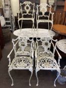 White metal garden table and six chairs, circular table and circular coffee table,