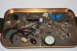 Tray lot with jewellery and silver gents pocket watch.