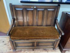 Oak four panel back box seat hall bench with draylon cushion.