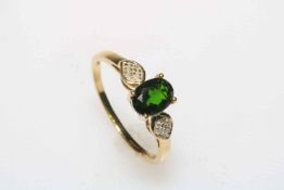 9 carat gold, green stone and diamond set ring, size T.