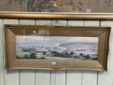 Frank W. Wood, Berwick on Tweed border bridge scene, watercolour, 21cm by 71cm, framed.