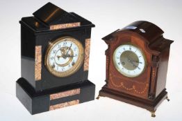 Victorian inlaid Mappin & Webb mantel clock and Ansonia marble mantel clock.