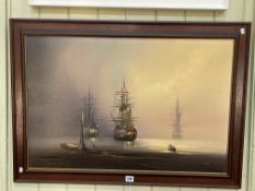 Barry Hilton, Tall Ships at Sunset, acrylic on canvas, 50cm by 75cm, framed.