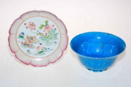 Chinese famille rose petal rim plate, 21cm diameter, and blue glazed bowl (2).