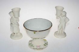 Three boxed Belleek pieces, pierced basket and children with vases, and boxed Waterford bowl (4).