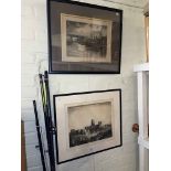 Two framed etchings of Newcastle and Durham.