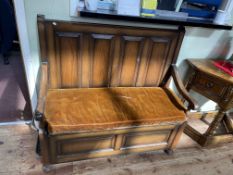 Oak quadruple panel back box hall bench with draylon cushion, 102.5cm by 109cm by 52cm.