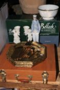 Three boxed Belleek pieces, boxed Waterford bowl, collection of gilt cased cutlery, plates,