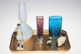 Two Whitefriars Nailhead vases, Danish Opaline vase, three cat figures and boy footballer figure.