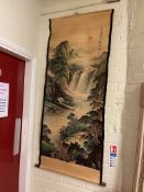 Chinese scroll landscape painting on paper, 157cm by 66cm.