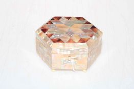 Mother of pearl hexagonal trinket box, 13cm across.