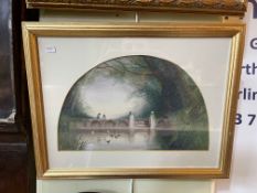 Sarah Louise Kilpack, Figures Feeding Ducks on a Pond, demi lune shaped oil painting,