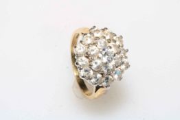 9 carat gold and cubic zirconia cluster ring, size L.
