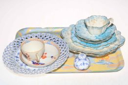 Charles Wileman cup, saucers and plates, Royal Copenhagen pierced plate and Oriental cup and saucer.