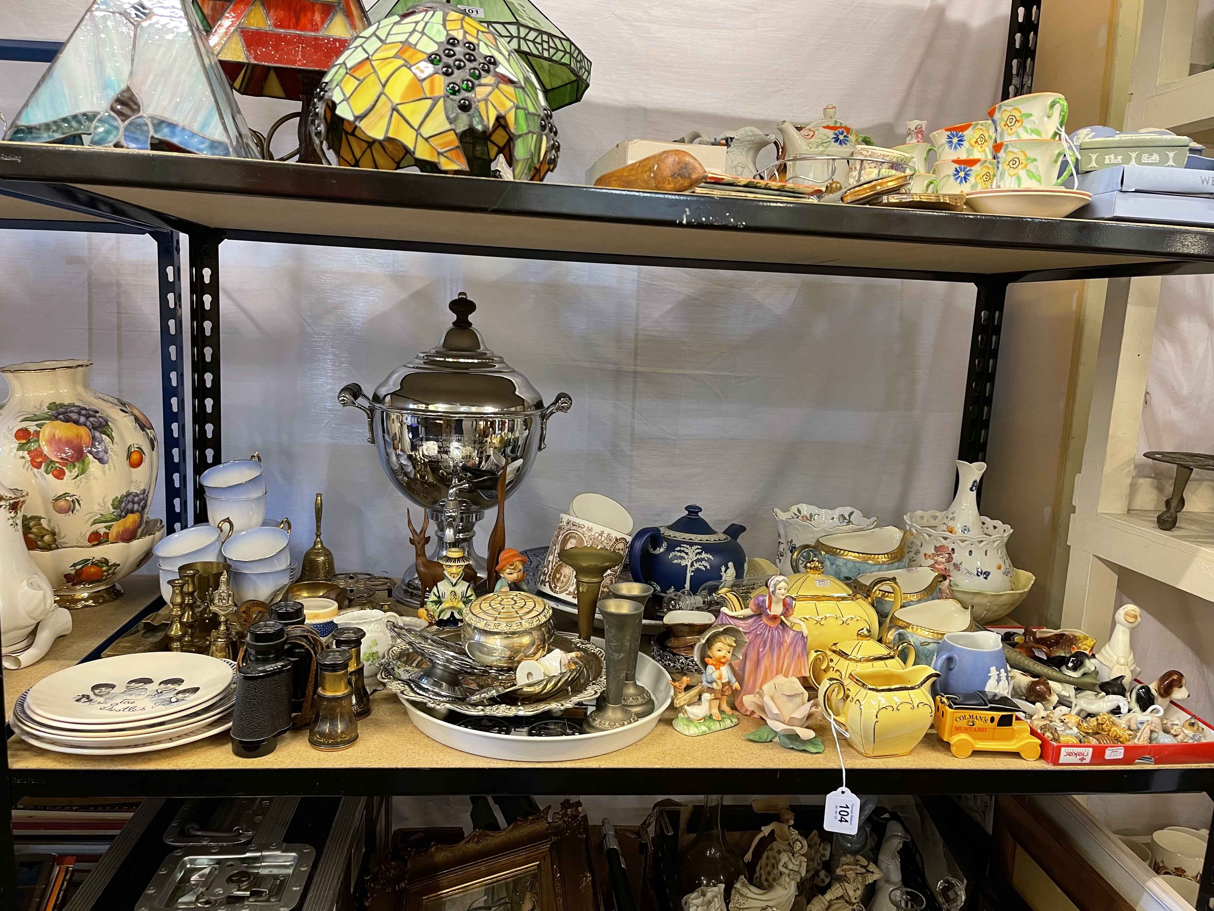 Sadler three piece tea set, silver plated and brassware, Ajax 8x30 binoculars, opera glasses,