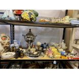 Sadler three piece tea set, silver plated and brassware, Ajax 8x30 binoculars, opera glasses,