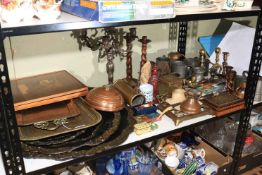 Collection of metalwares including pewter jugs, pair of vases, trivet, etc, papier mache trays,