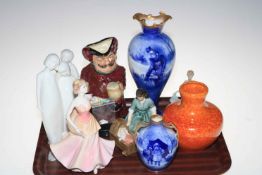 Two Royal Doulton Flo Blue vases, three Doulton figures, three Coalport figures,
