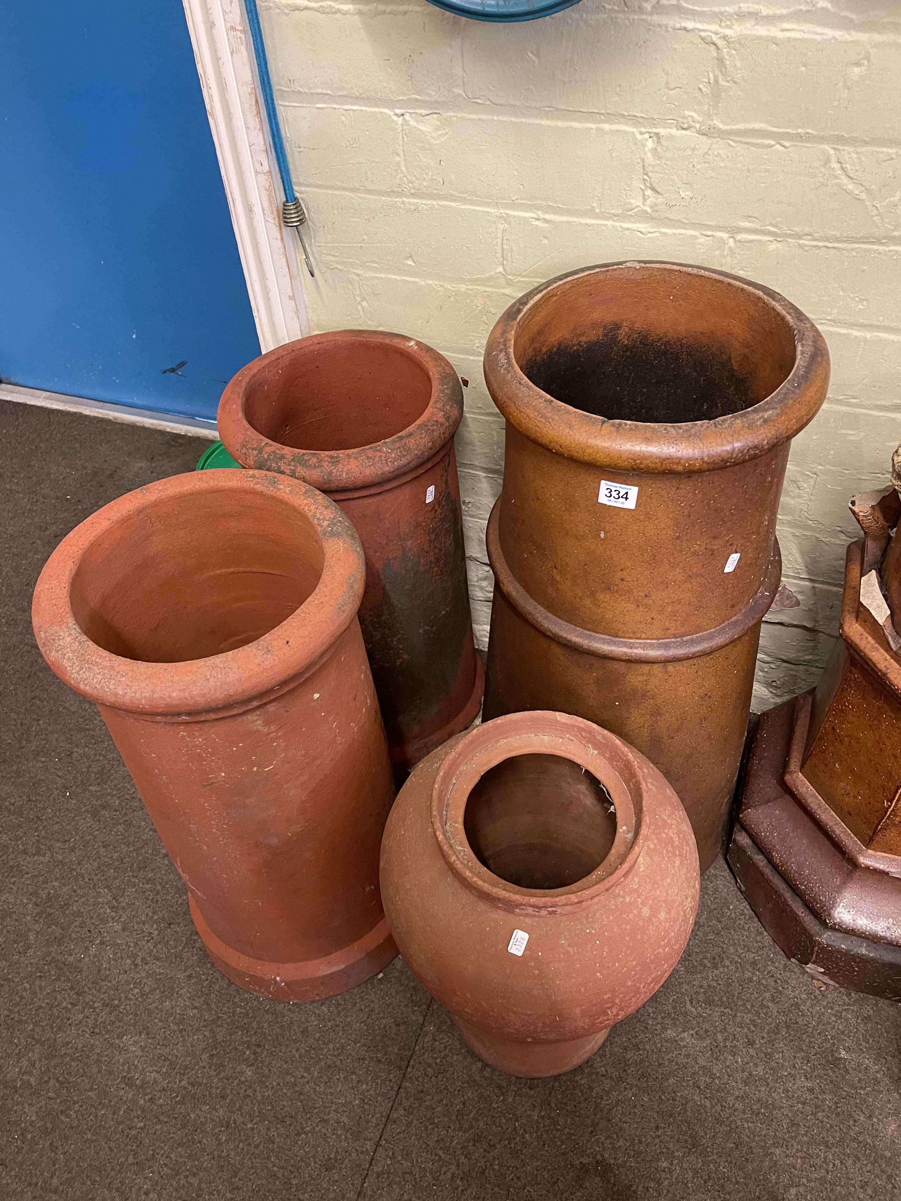 Collection of seven various salt glazed and terracotta chimney pots, two terracotta vases, - Image 4 of 4