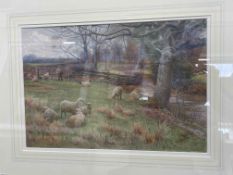 Charles Low (c1860-c1920), Shepherd & Sheep by a River, watercolour, signed lower right,