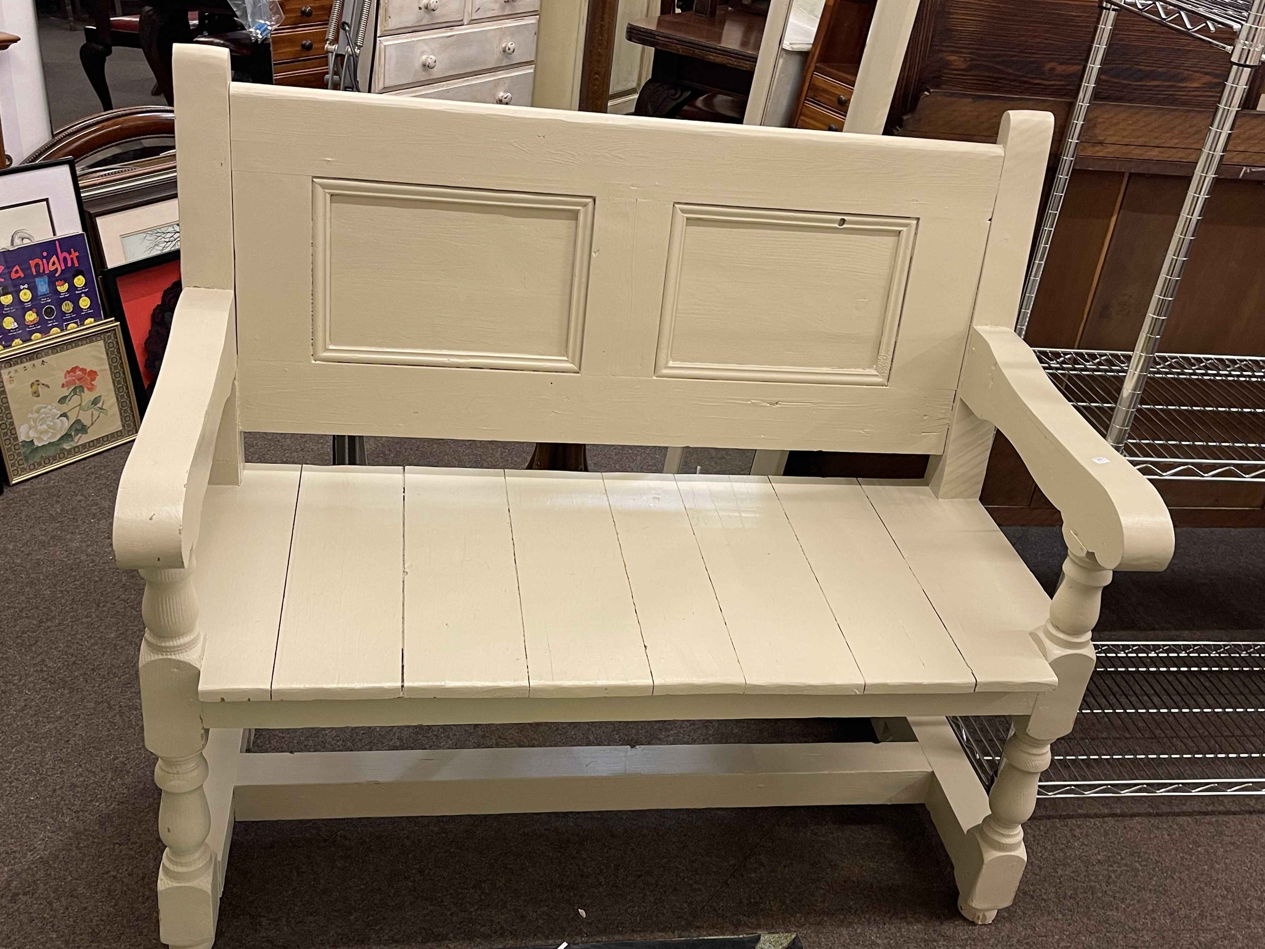 Painted pine double panel back open arm bench, 101cm by 111cm by 54cm.