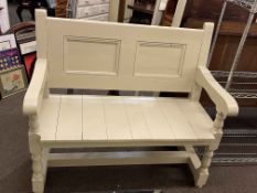 Painted pine double panel back open arm bench, 101cm by 111cm by 54cm.