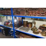 Cased cutlery, brass and copper wares including planters, police helmet, train carriages,