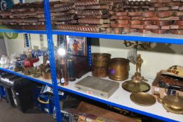 Cased cutlery, brass and copper wares including planters, police helmet, train carriages,