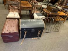 Vintage canvas bound domed top travelling trunk, tin trunk and iron hay rack (3).