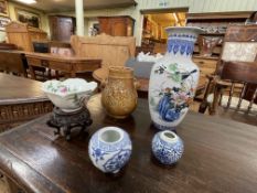 Four various Chinese vases, Chinese bowl and wooden stand.