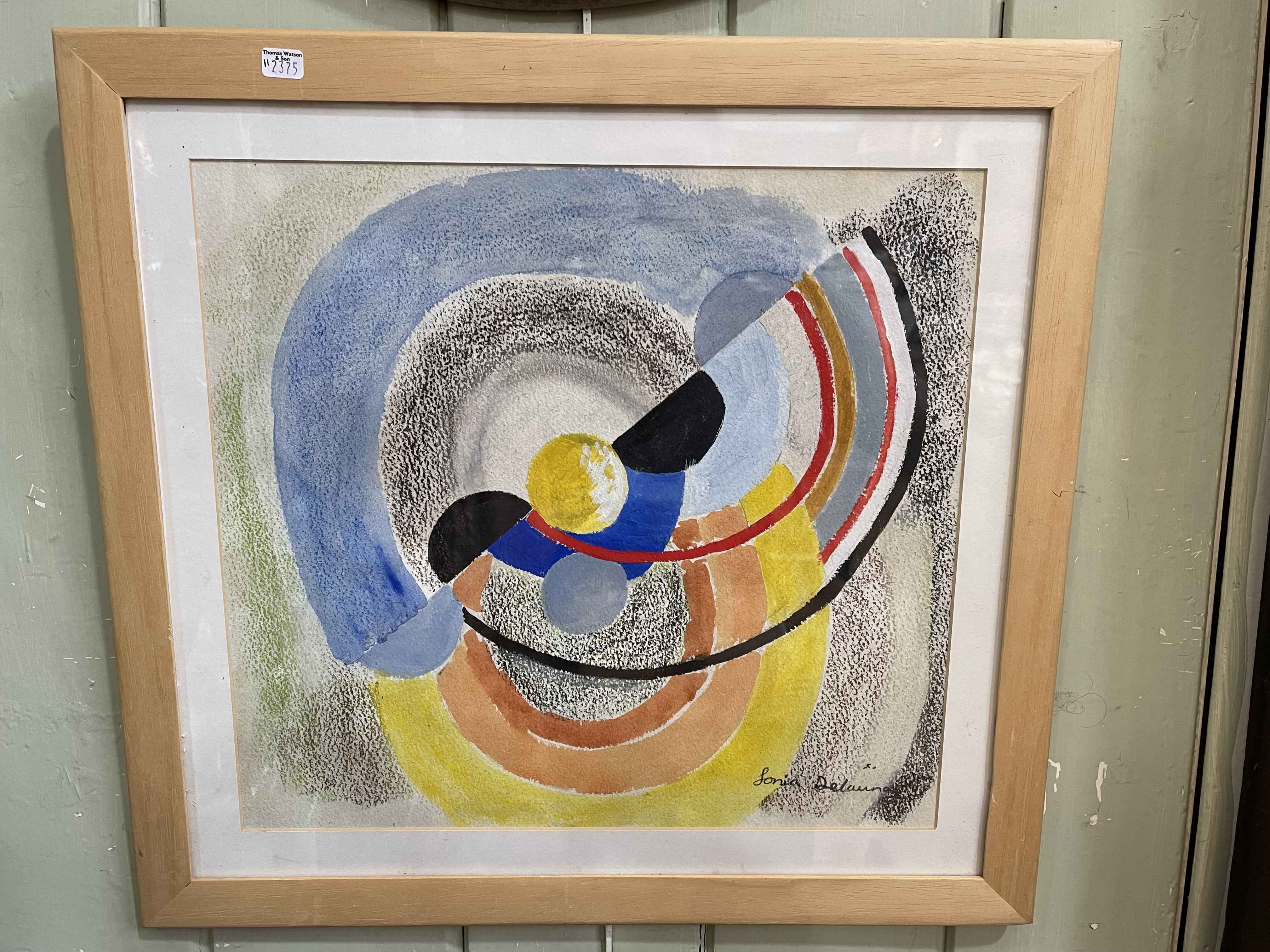 WITHDRAWN Abstract watercolour bearing the signature Sonia Delaunay, 35cm by 38cm, in glazed frame.