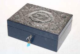 Fitted jewellery box with ornate embossed silver top, Birmingham 1992.