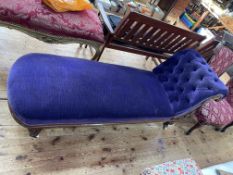 Victorian mahogany framed scroll end chaise longue in purple buttoned draylon.