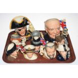 Ten Royal Doulton character jugs including large Winston Churchill and Vice Admiral Lord Nelson.